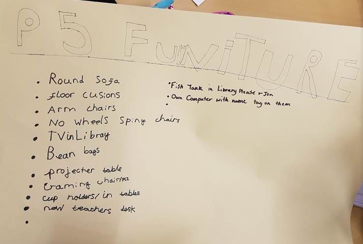 P5 Furniture: round sofa, floor cushions, armchairs, no wheel spinny chairs, TV in library, bean bags, projector table, gaming chair, cup holders in tables, new teachers desk, fish tank in library, own computer with name tag on them