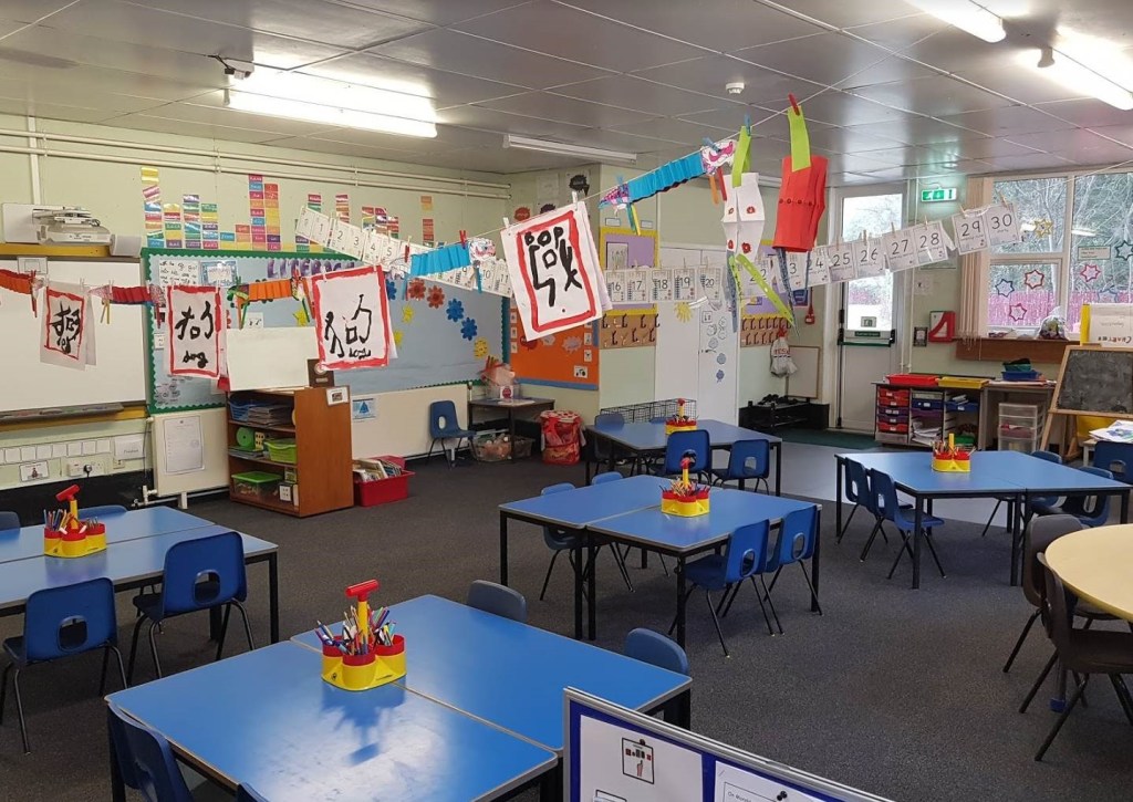 the classroom before, there display in the room makes it look cluttered
