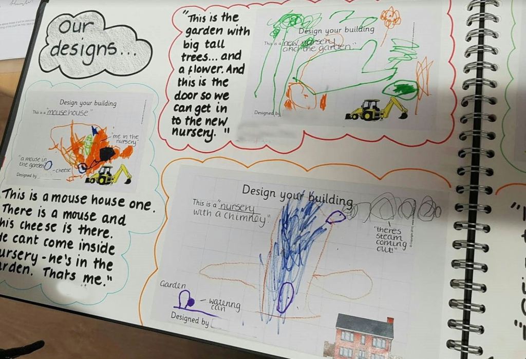 thi is the garden with big tall trees and a flower. and this is the door so we can get in to the new nursery. this is a mouse house one. there is a mouse and his cheese is there. He can't come inside the nursery - he's in the garden. that's me. this is a nursery with a chimney.