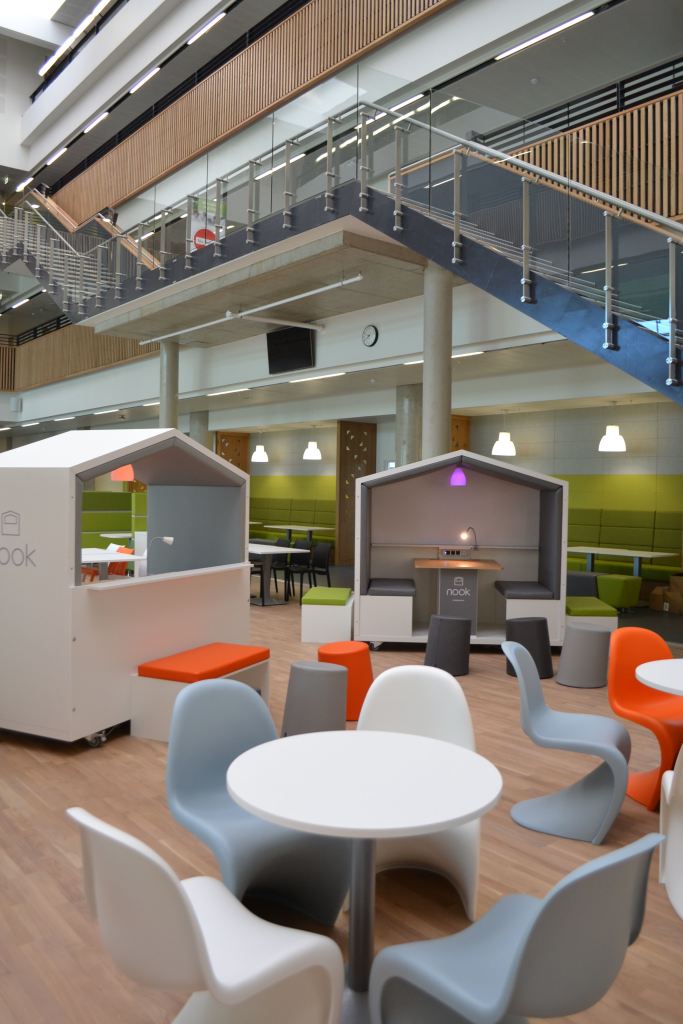 The Nook Pods in the social space at Boroughmuir High School