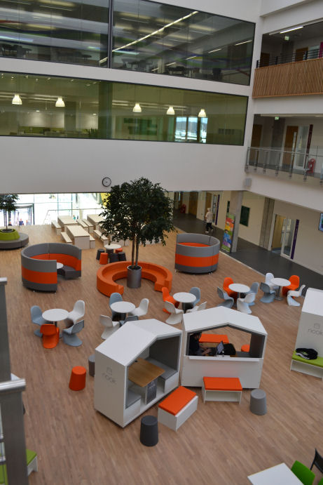 The social space has different types of seating