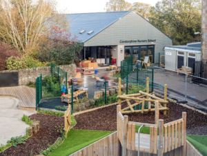 the exterior of the building, the learning extends into the outdoor space with sand and water play and toys