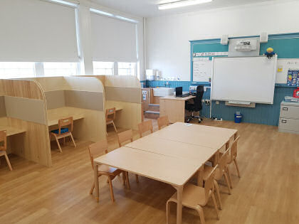 at one end of the room is a teaching wall with a Smart Board