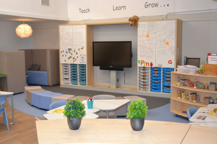 a teaching wall with whiteboard cupboards