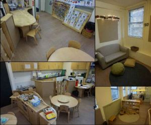 a cozy living room, library area with curved wooden table, a dining area