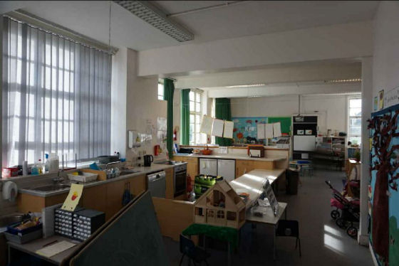 the old classroom is quite dark, this is the kitchen
