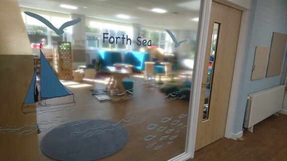 graphics pf sailing boats and fish on the window to the classroom