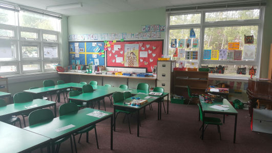 the classroom decoration appears cluttered with paper displayed on the walls and on the windows which makes the room darker