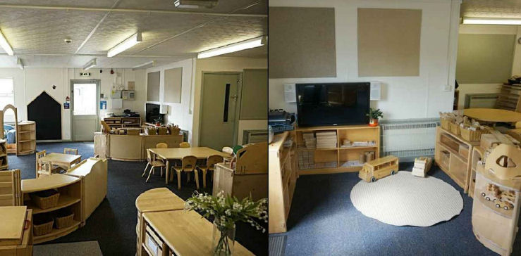 The blue carpet has been kept but the room is brightened by the natural furnishings, a TV screen is in the construction area