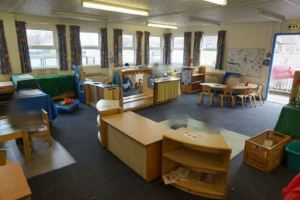 the nursery classroom looks dark, it has dark carpet and curtains