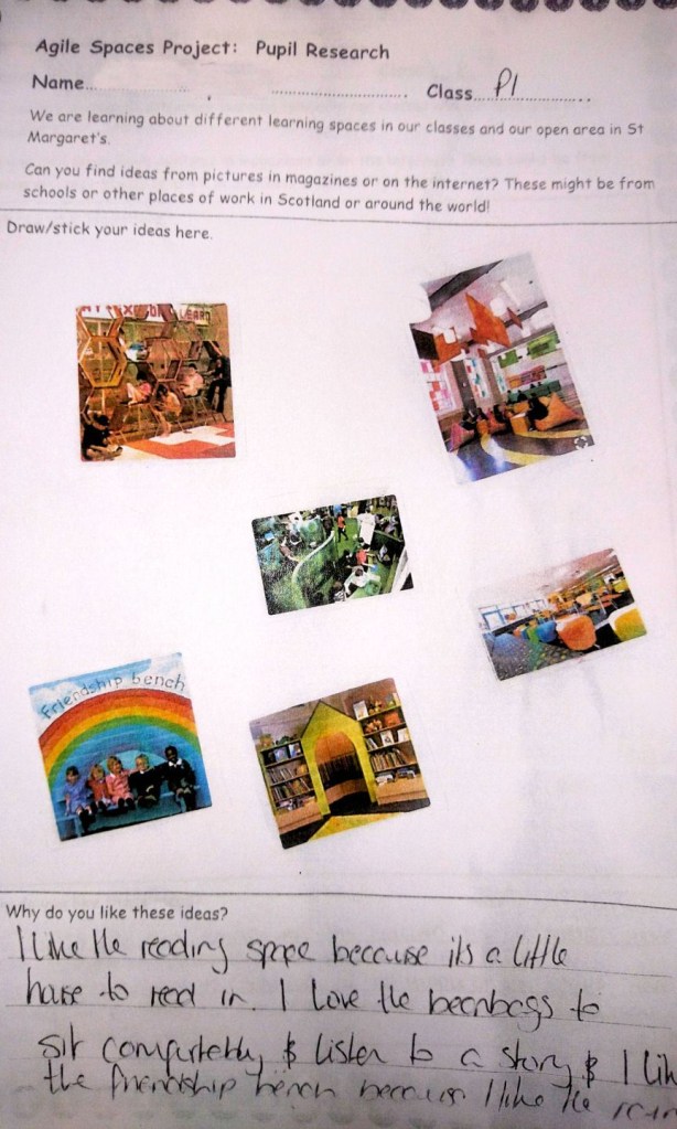 I like the reading space because its a little house to read in. i love the beanbags to sit comfortably and listen to a story and i like the friendship bench because i like the rainbow