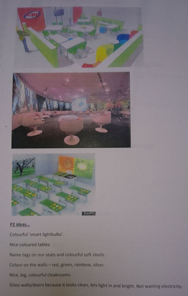 P2 ideas: colourful smart lightbulbs, nice coloured tables, name tags on our seats and colourful soft stools, colour on the walls - red, green, rainbow, silver, nice big colourful cloakrooms, glass walls/doors because it looks clean, lets light in and bright not wasting electricity