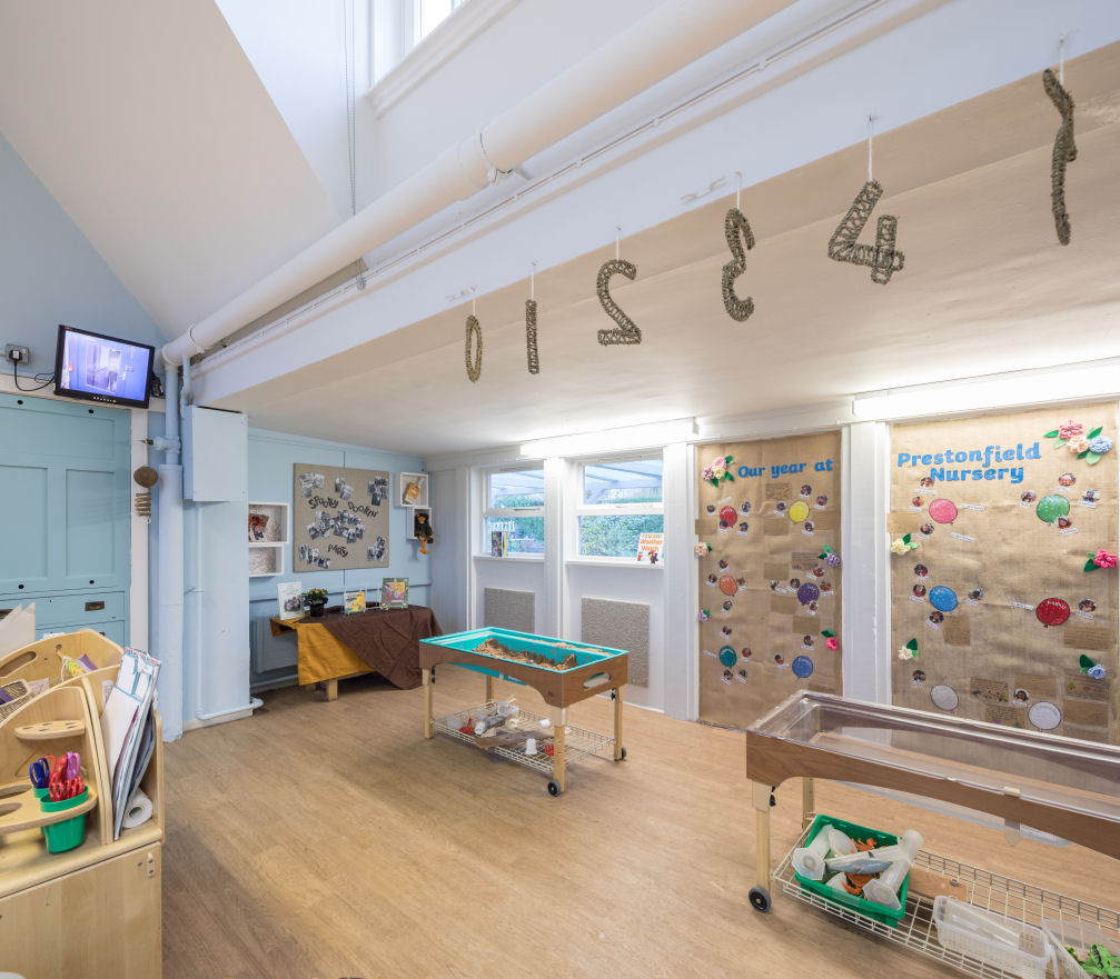 Wicker numbers hang from the ceiling. There are two hessian fabric display boards on the wall. In front of these are two water and sand play trolleys.