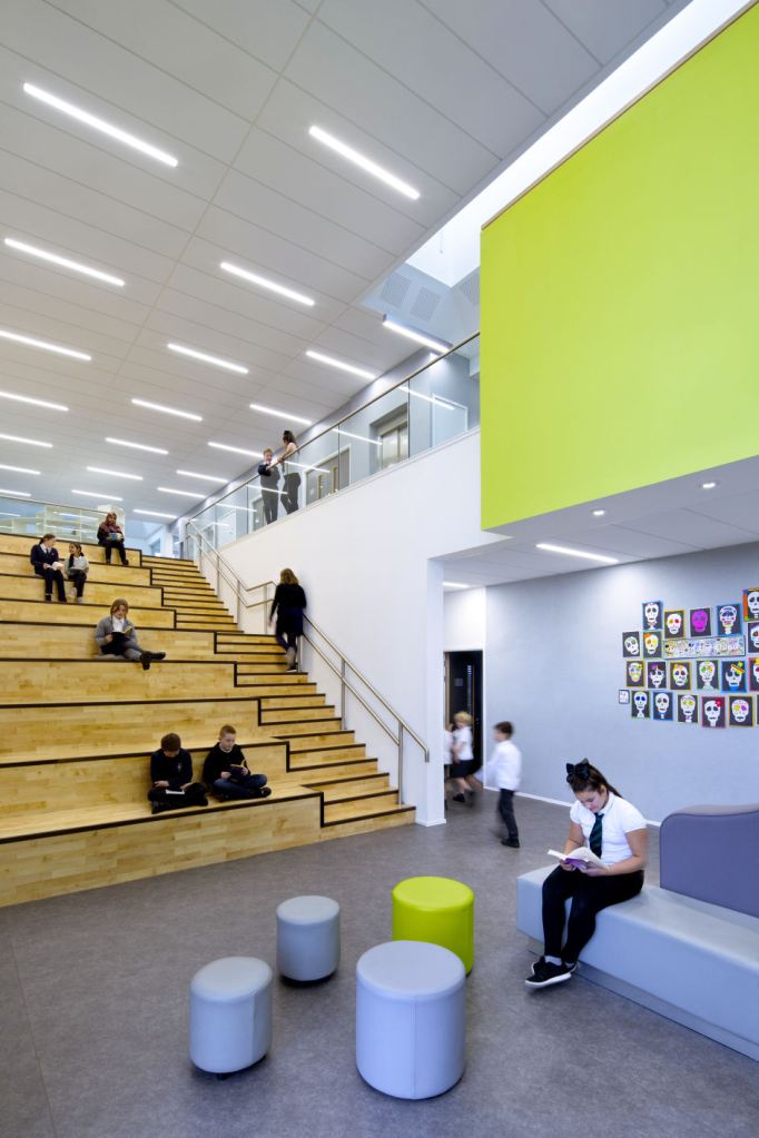 The amphitheatre seating acts as a breakout space and collaboration areas