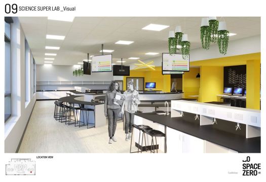 a concept for the science lab showing benches, screens hanging from the ceiling