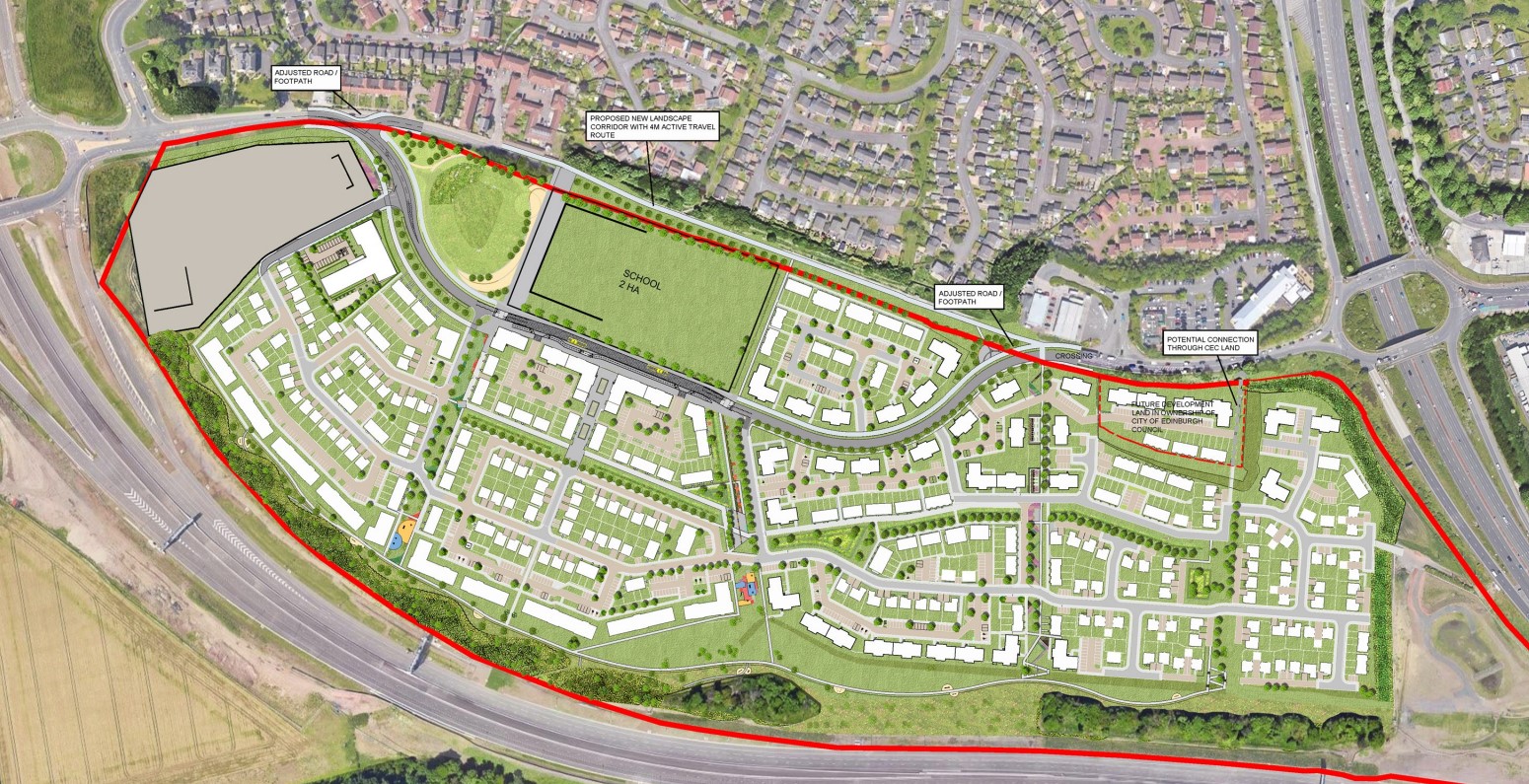 A map showing a red line around development area, new house locations and a green space where school is proposed.