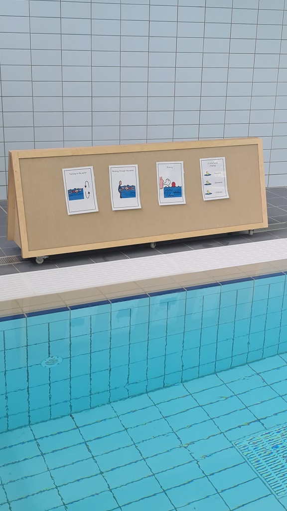 beside the pool is a triangular prism shaped stand with velcro pinboarding on the side and pictures stuck to it